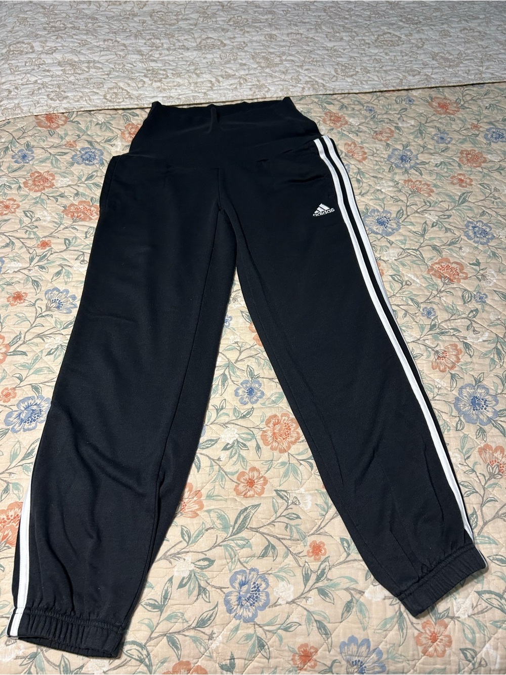 Women’s adidas Maternity Size S Black Track Pants with White Signature Stripes